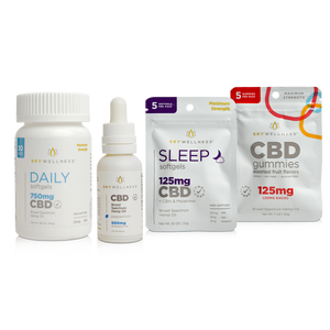 CBD Feel Better Starter Bundle: Daily CBD Softgels, CBD Peppermint Oil Drops, CBD Sleep Softgels, CBD Gummies