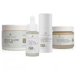 Sky Wellness CBD Skincare Routine Bundle, four products: Body Glow Butter, Facial Spa Oil, Under Eye Cream, Regenerative Sculpting Cream